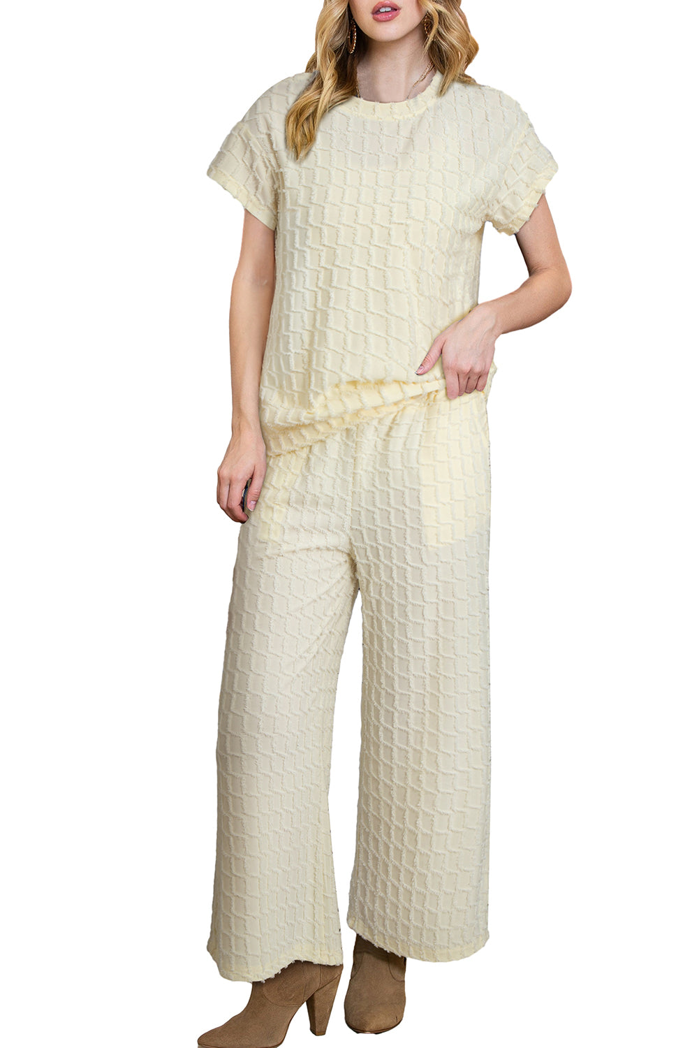 Apricot Lattice Textured Tee and Wide Leg Pants Two-Piece Set