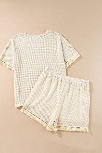 Beige Fringe Trim Waffle Knit Textured Shorts Set