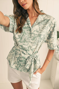 Green Boho Abstract V-Neck Button Shirt