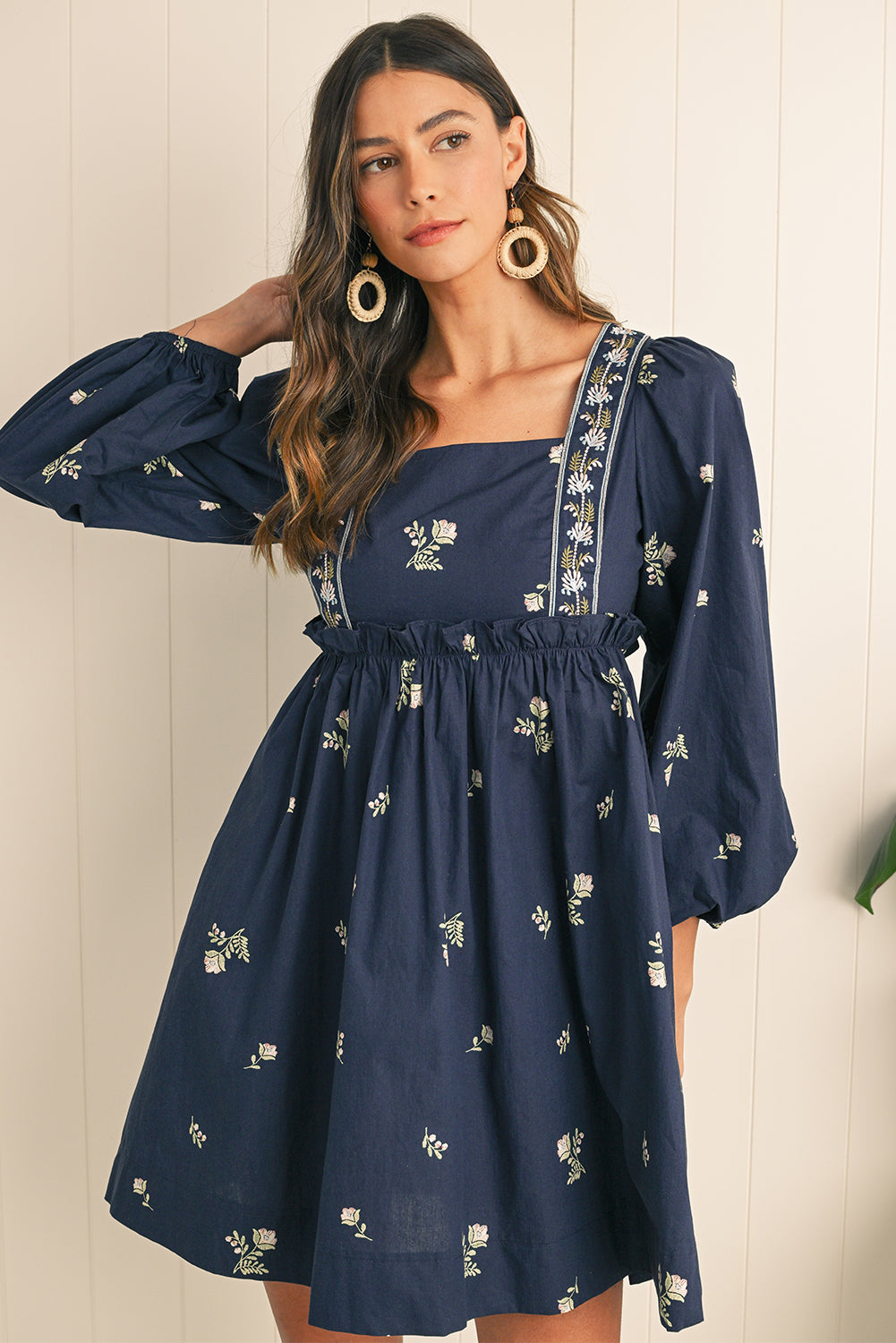 Blue Floral Embroidered Puff Sleeve Babydoll Dress