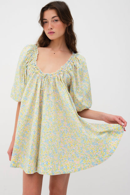 Green Floral Print Tie Neck Puff Sleeve Mini Dress