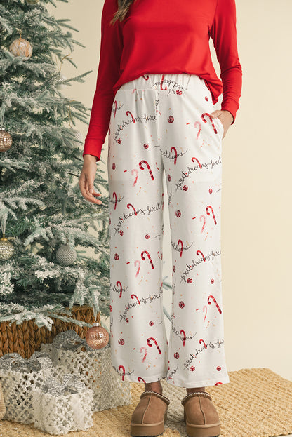 Red Solid Top and Christmas Print Pants Pajama Set