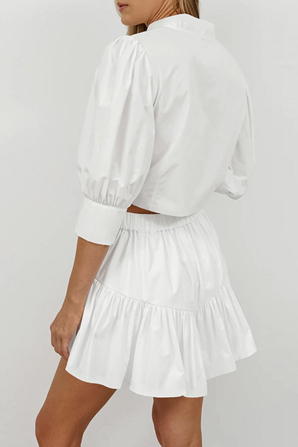 White Lantern Sleeve Cropped Shirt & Short Skirt Set