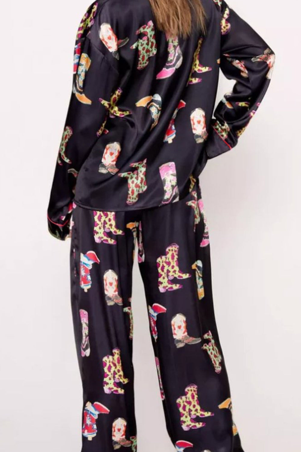 Black Boots Print Loose Shirt and Wide Leg Pajama Set