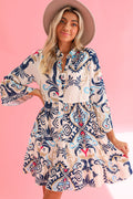 Green Ethnic Print Boho Tiered Mini Flowy Dress
