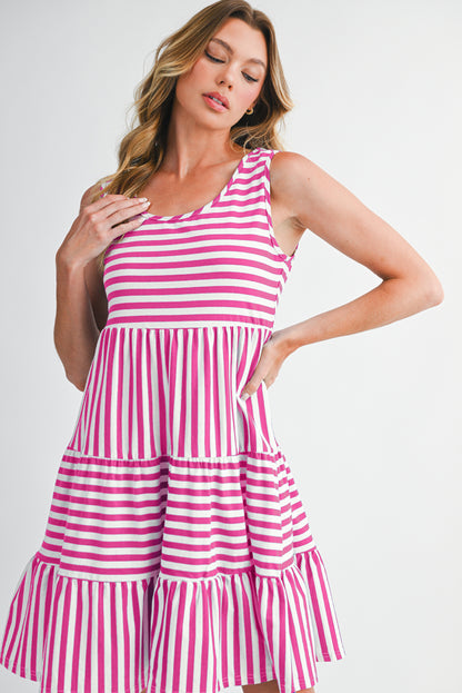 Rose Stripe U Neck Sleeveless Loose Fit Mini Dress