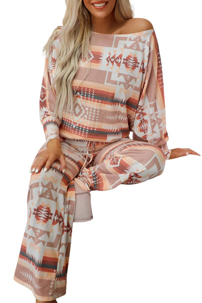 Multicolour Geometric Print Puff Sleeve Pullover and Pants Lounge Outfit