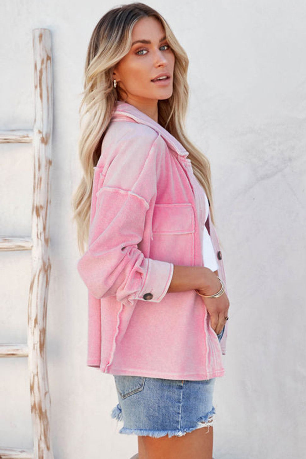 Pink Turn-Down Collar Pockets Shirt Jacket