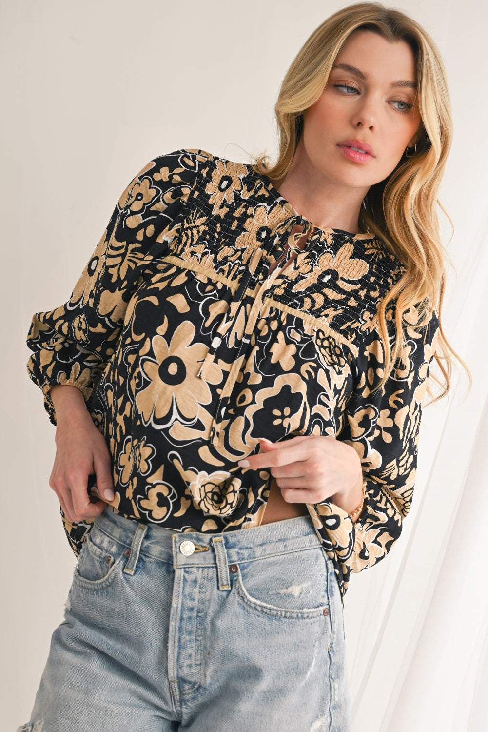 Black Boho Floral Smocked V Neck Bracelet Sleeve Blouse