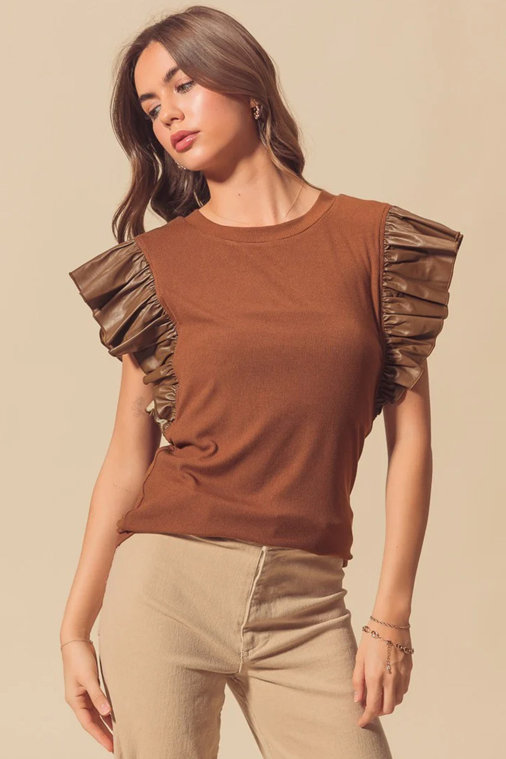 Cinnamon Leather Ruffle Shoulder Blouse