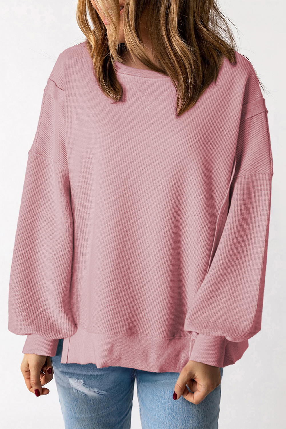 White Waffle Bishop Sleeve Split Oversized Sweatshirt