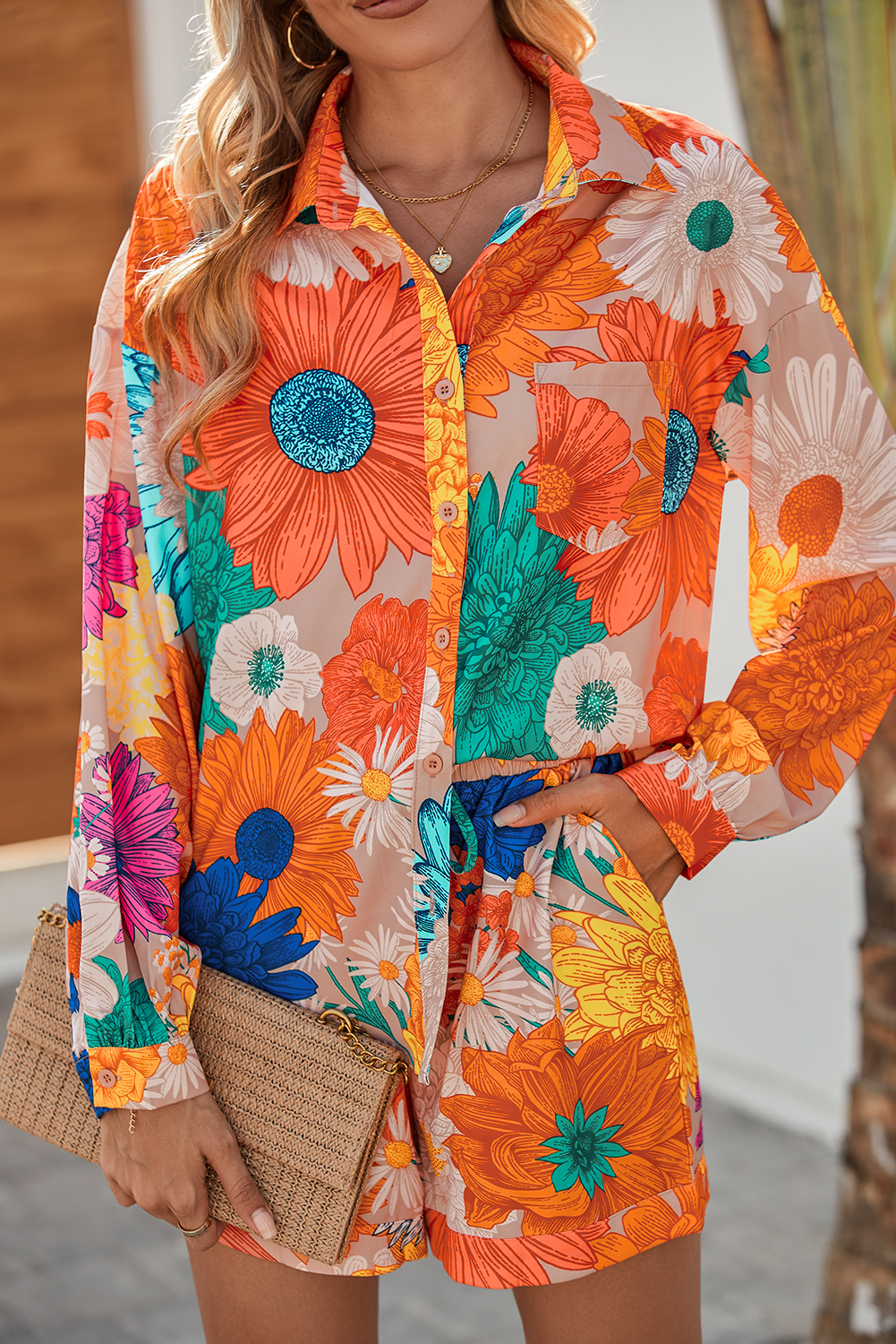 Orange Floral Print Lantern Sleeve Shirt & Drawstring Shorts Set