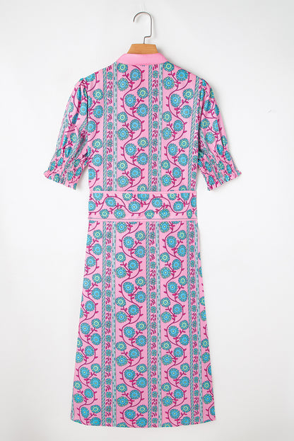 Pink Boho Floral Shirred Short Sleeve Belted Dress