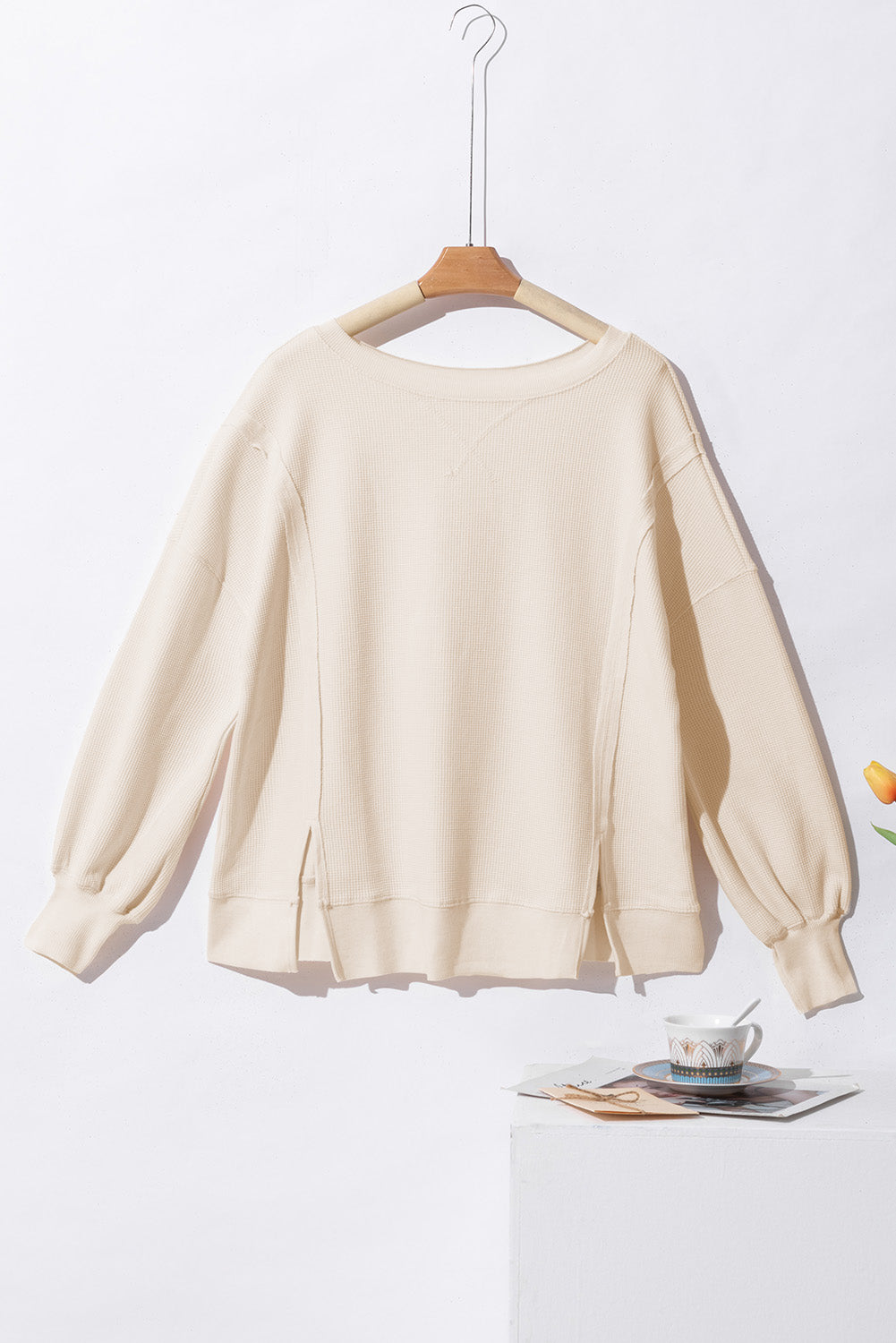 White Waffle Bishop Sleeve Split Oversized Sweatshirt