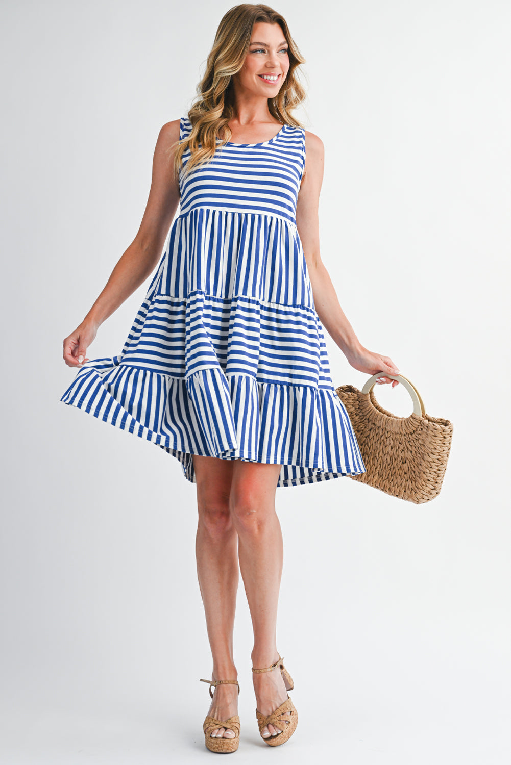 Rose Stripe U Neck Sleeveless Loose Fit Mini Dress