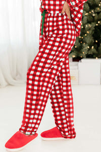 Fiery Red Plaid Print Shirt and Drawstring Pants Pajama Set