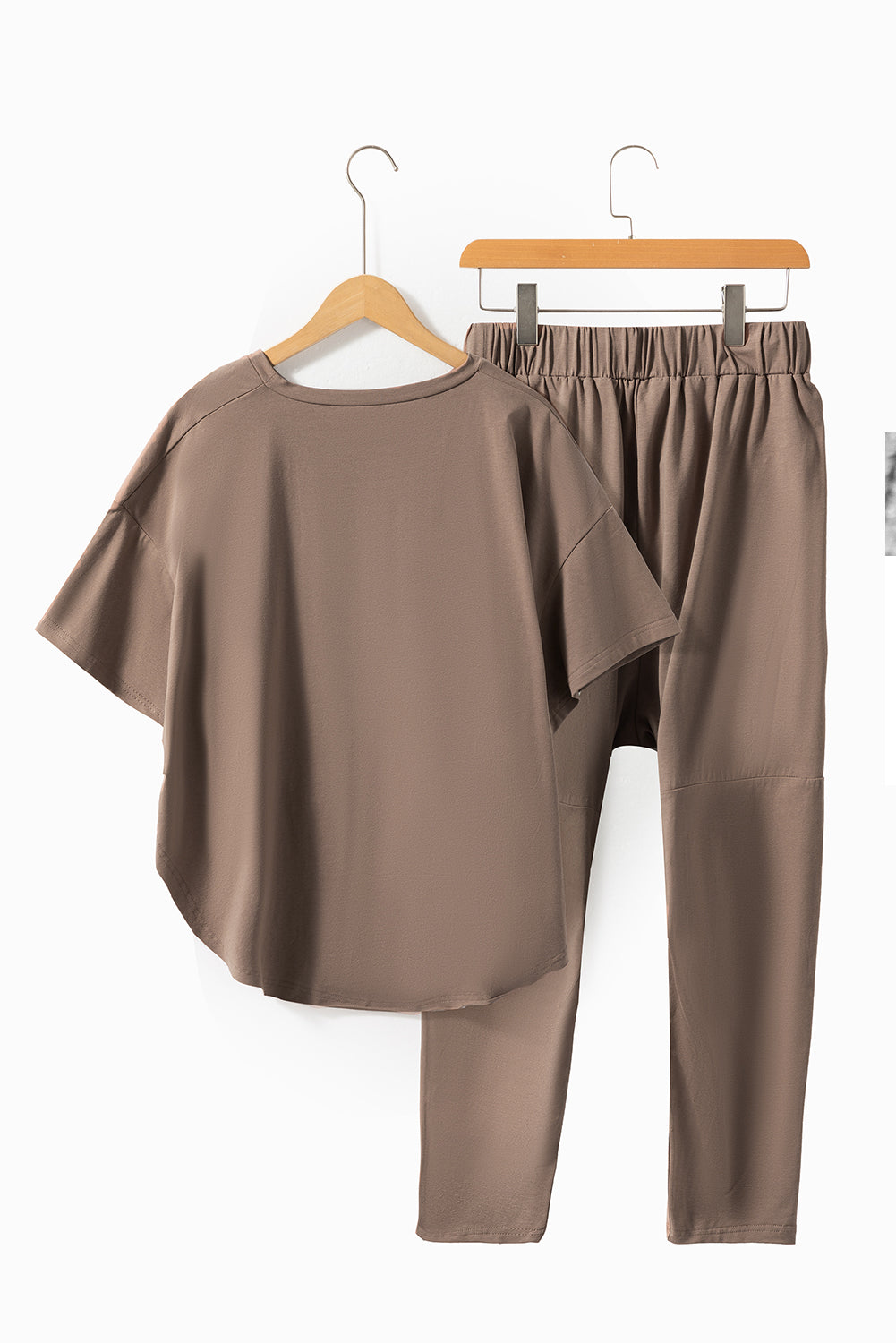 Taupe Batwing Sleeve High Low Tee and Drawstring Crop Pants Set