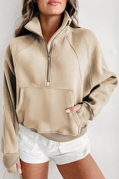 Green Zip Up Stand Collar Ribbed Thumbhole Sleeve Sweatshirt