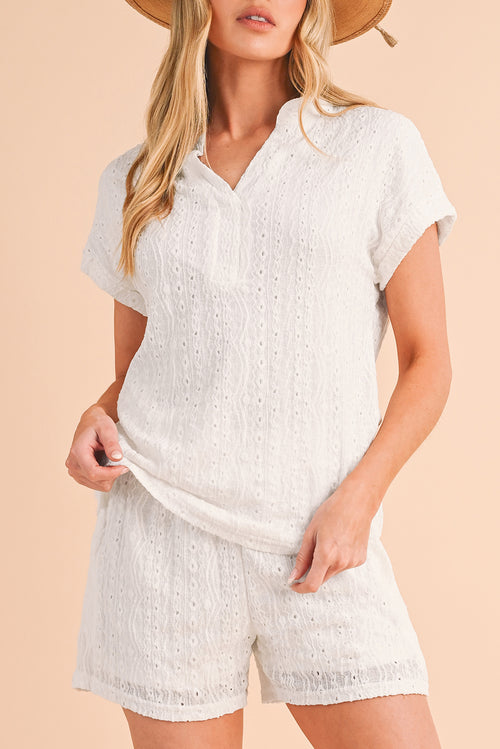 White Eyelets V-neck Blouse and Pockets Shorts Set