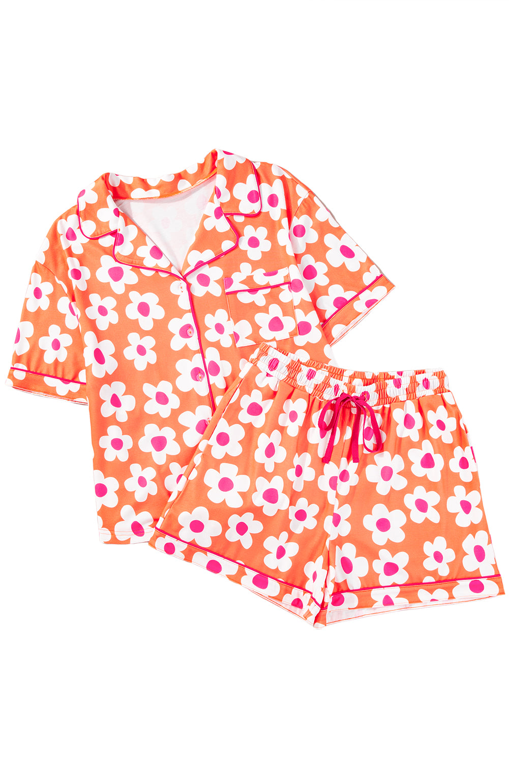 Pink Flower Print Buttoned Shirt and Drawstring Waist Pajama Set