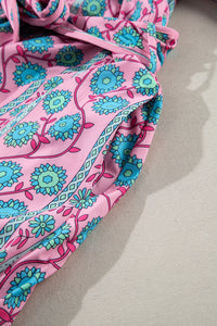 Pink Boho Floral Shirred Short Sleeve Belted Dress