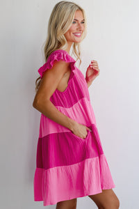 Pink Crinkled Colorblock Patchwork Tiered Mini Dress