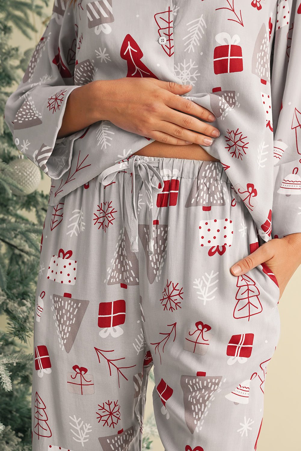 Light Grey Christmas Deer Printed Shirt and Pants Pajama Set