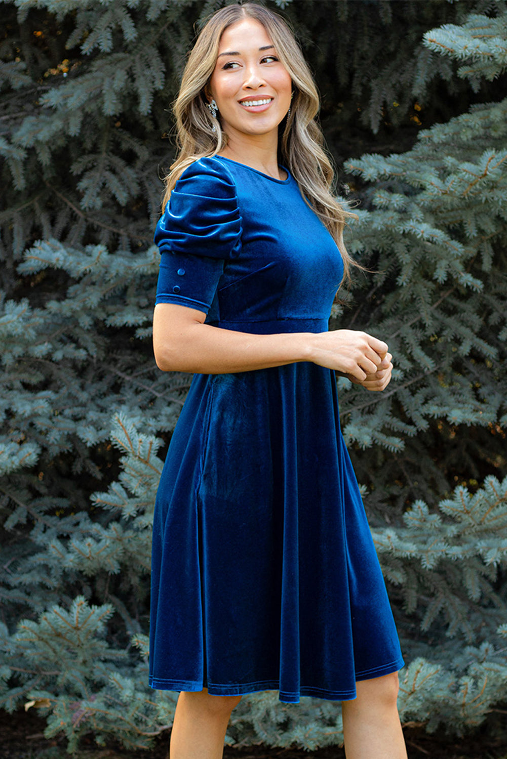 Sail Blue Velvet Ruched Short Sleeve Pocketed Midi Dress