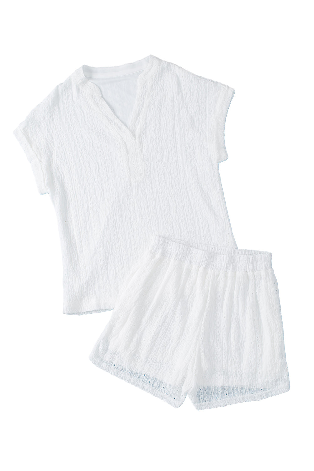 White Eyelets V-neck Blouse and Pockets Shorts Set