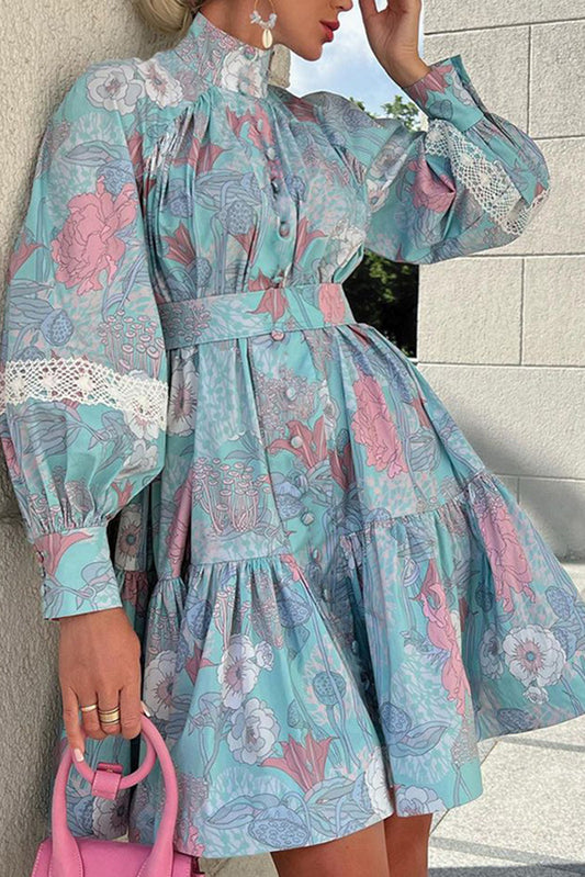 Sky Blue High Neck Allover Print Shirt Dress