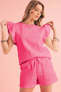 Bright Green Textured Ruffle Sleeve Tee & Drawstring Shorts Set