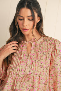 Light French Beige Ditsy Floral Print Bow Front Puff Sleeve Blouse