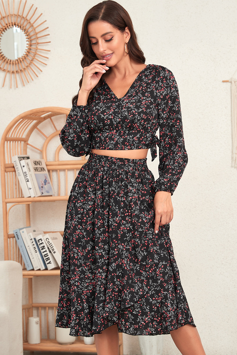 Black Floral Print V Neck Cropped Top Midi Skirts Set