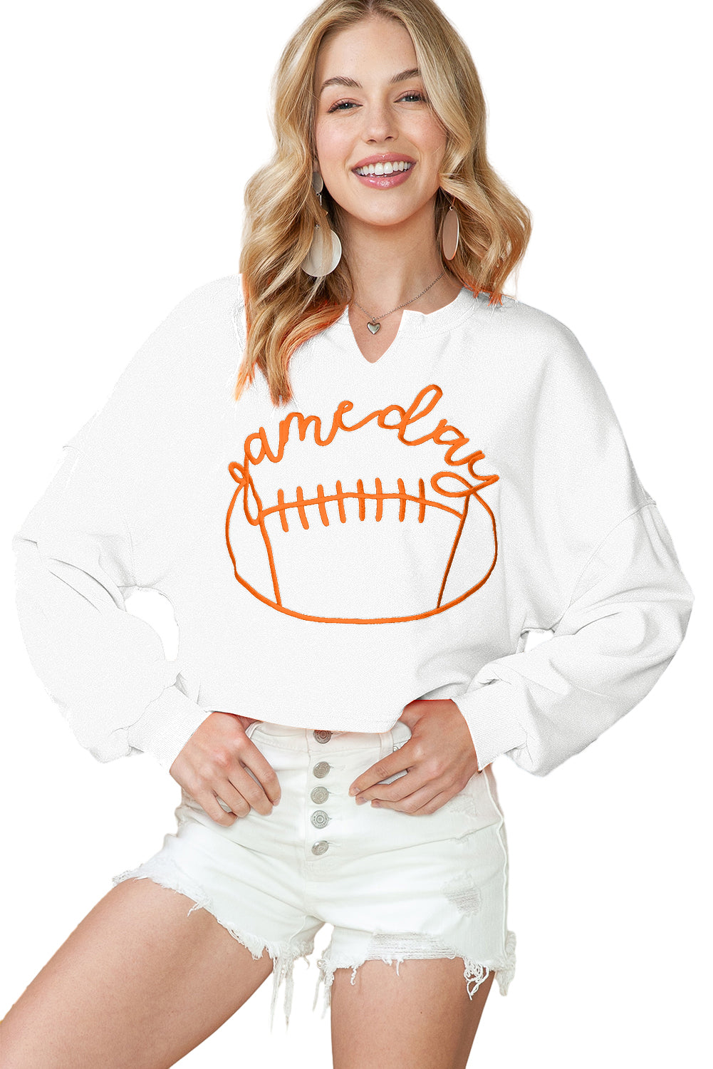 Bright White Game Day Lettering Rugby Notched Neck Cropped Sweatshirt