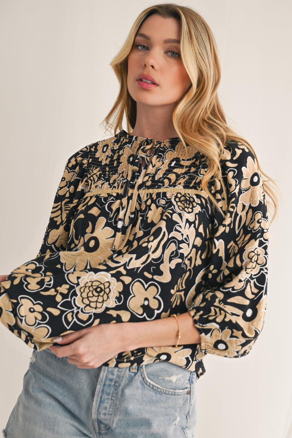 Black Boho Floral Smocked V Neck Bracelet Sleeve Blouse