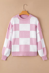 Khaki Plaid Bishop Sleeve Pullover Sweater