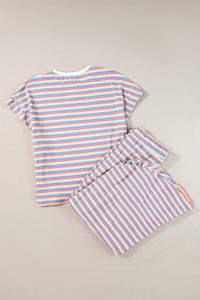 Pink Stripe Rainbow Tee and Tassel Drawstring Wide Leg Pants Set