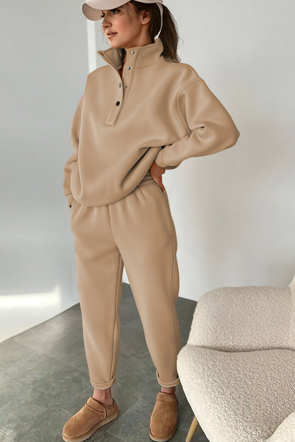 Parchment Solid Half Button Sweatshirt and High Waist Pants Set