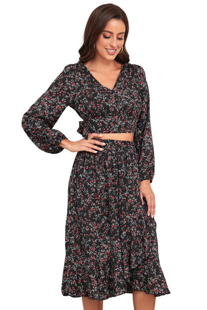 Black Floral Print V Neck Cropped Top Midi Skirts Set