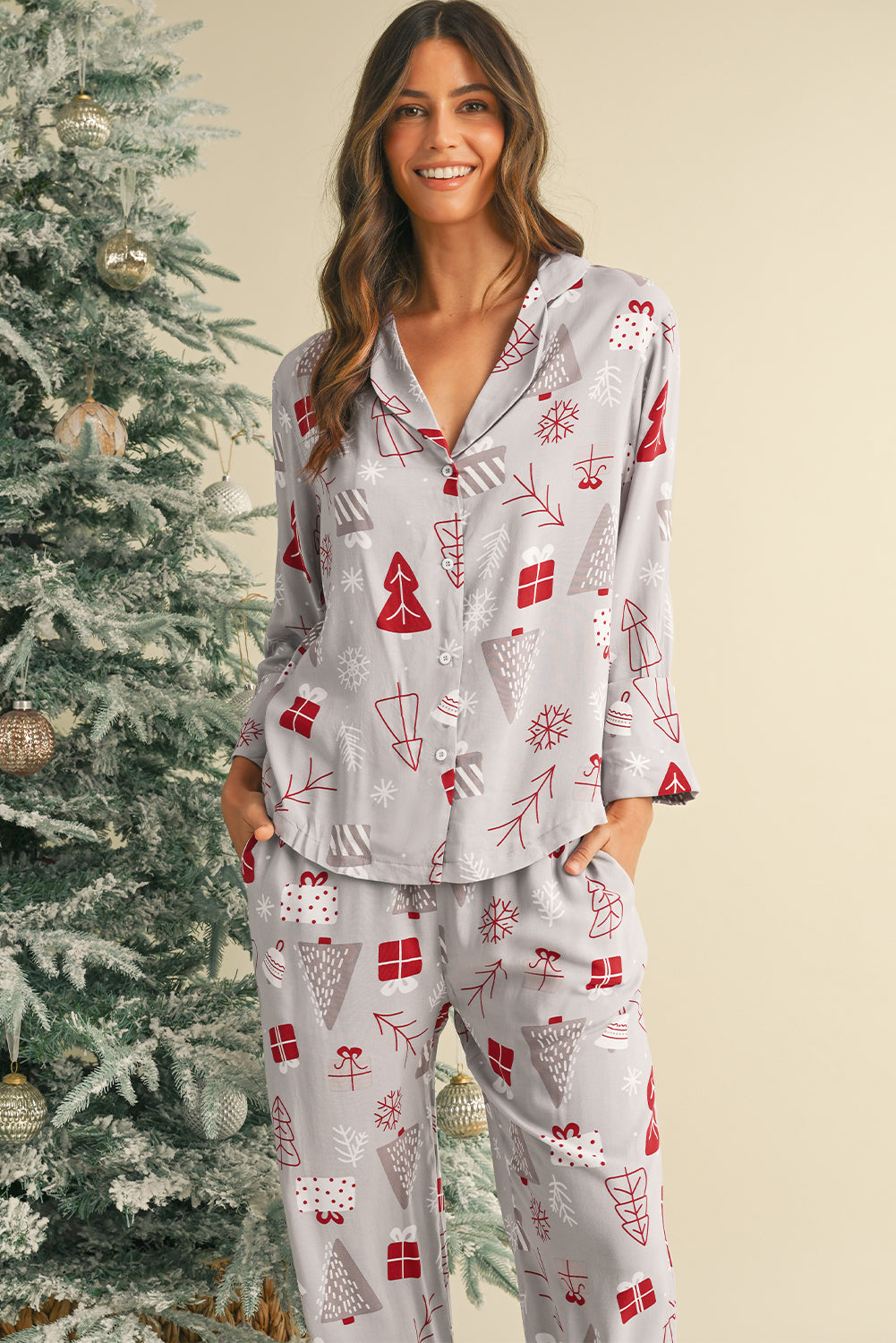 Light Grey Christmas Deer Printed Shirt and Pants Pajama Set