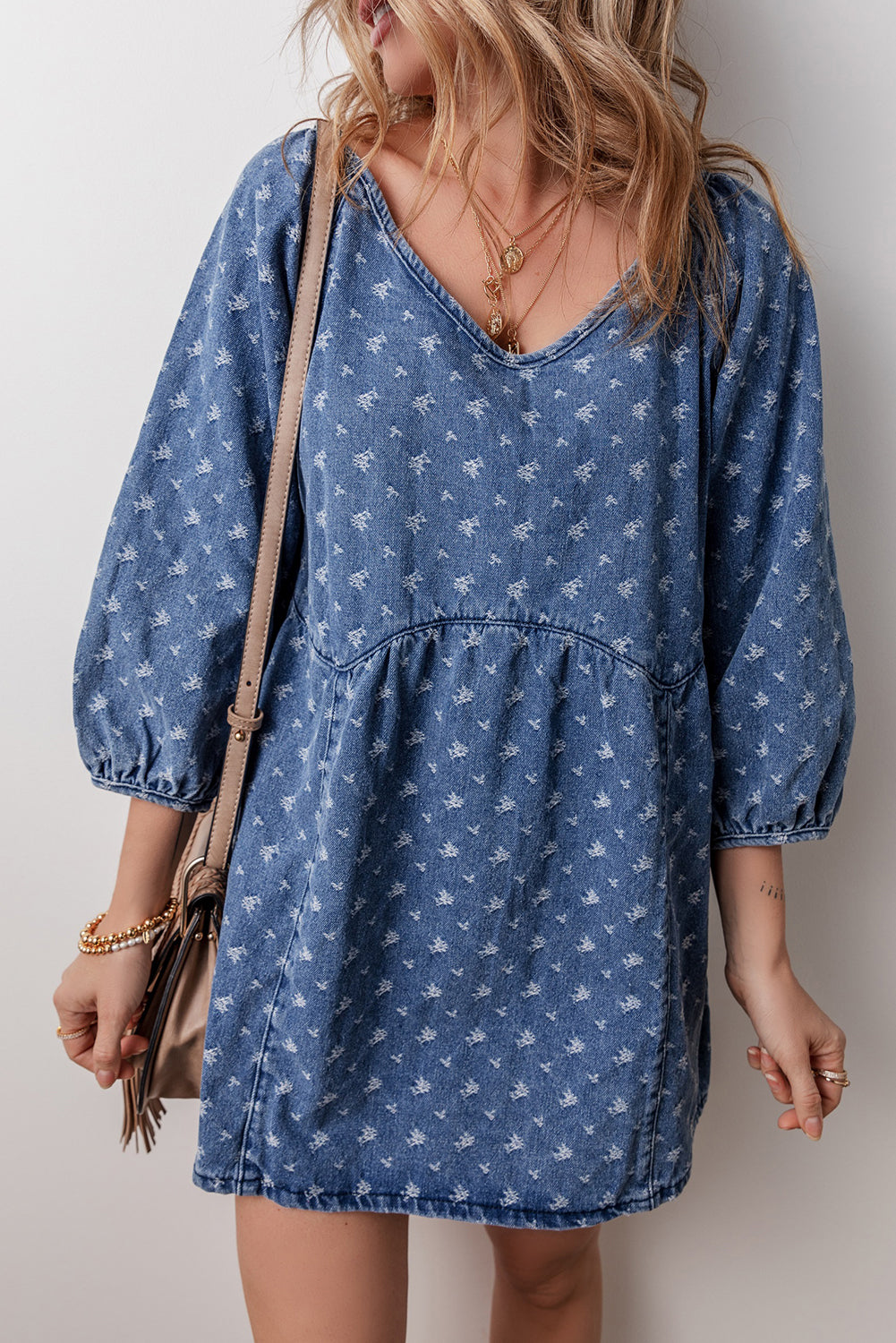 Ashleigh Blue Lace-up Back Loose Fit V Neck Denim Dress