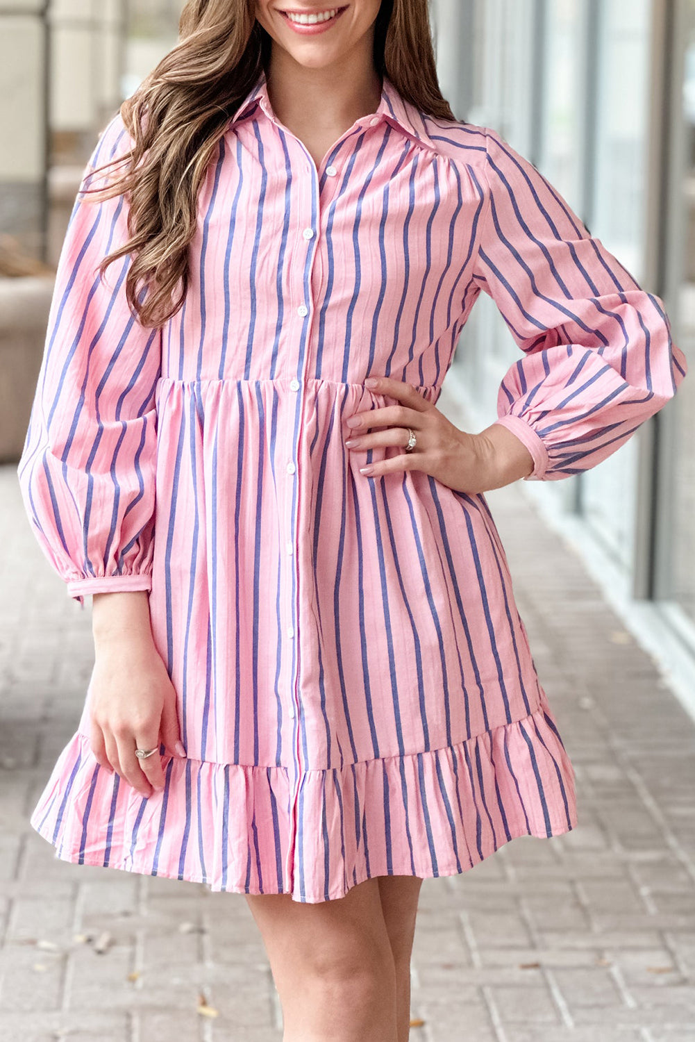 Pink Striped Button-up Mini Shirt Dress