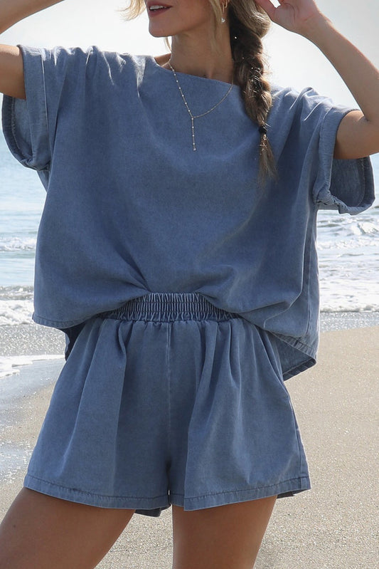 Light Blue Denim Loose Fit Tee and Shorts Set