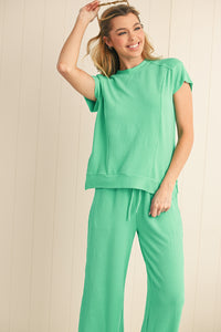 Wild Wind Solid Corded Short Sleeve T Shirt and Wide Leg Pants Set