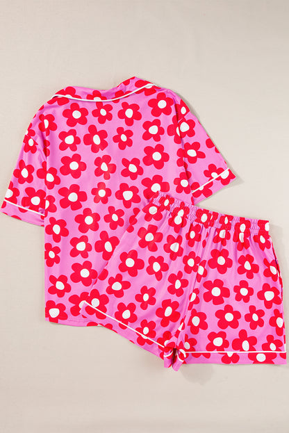 Pink Flower Print Buttoned Shirt and Drawstring Waist Pajama Set