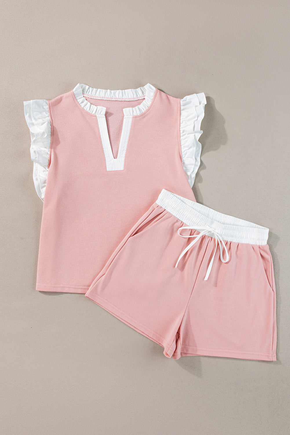 Light Pink Contrast Trim Ruffled Top & Drawstring Shorts Set