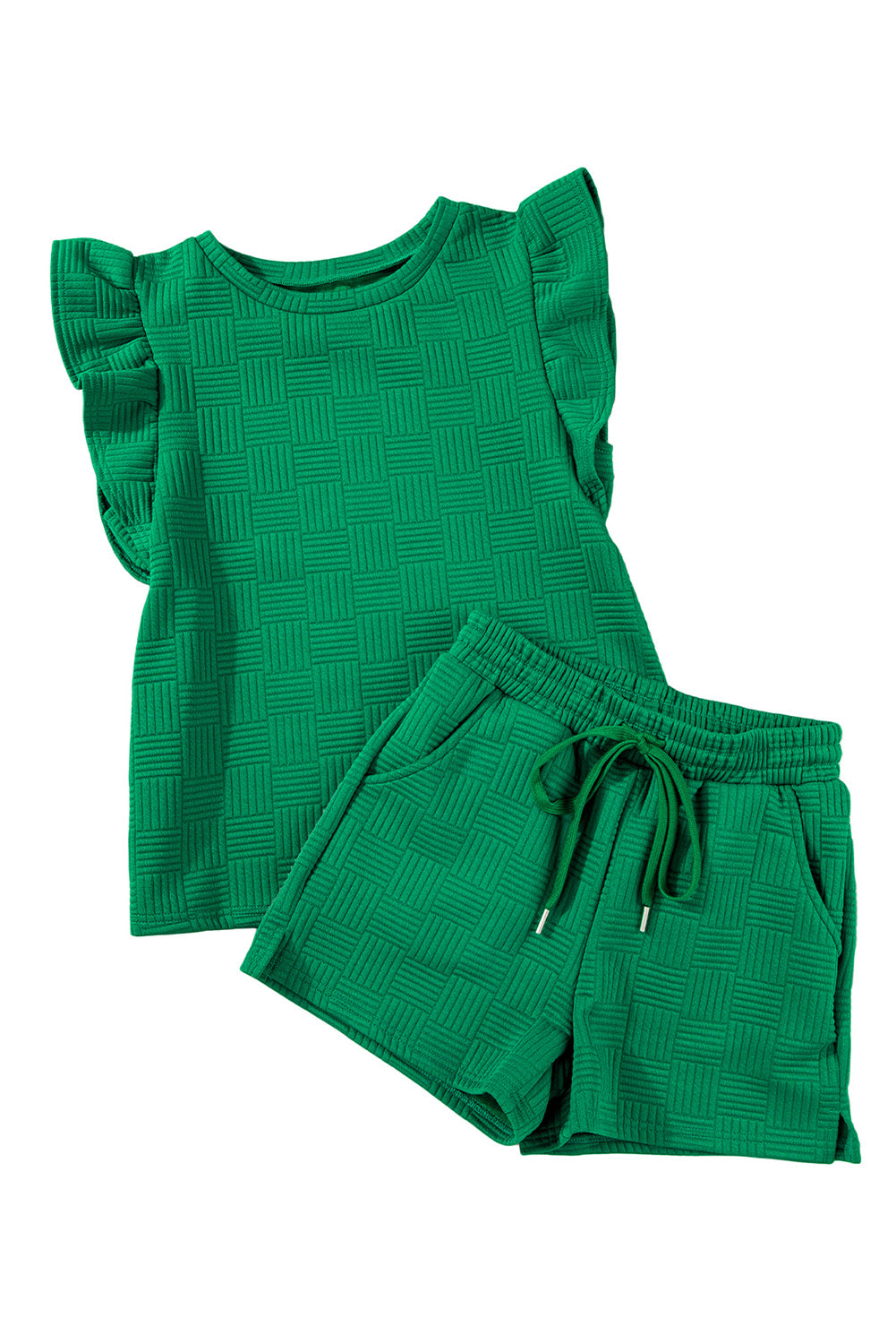 Bright Green Textured Ruffle Sleeve Tee & Drawstring Shorts Set