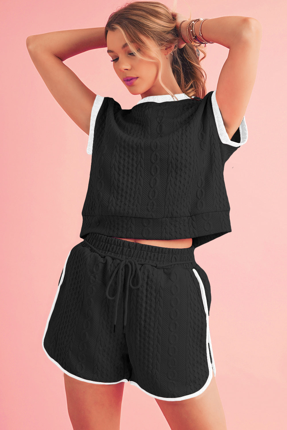 Pink Textured Contrast Trim Tee & Drawstring Shorts Set