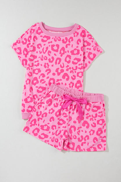 Pink Leopard Print Drawstring Shorts Loungewear Set