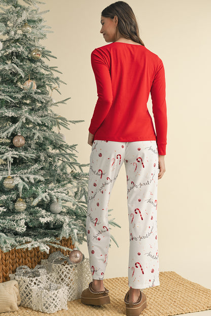 Red Solid Top and Christmas Print Pants Pajama Set